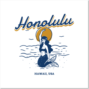 Honolulu Hawaii USA Mermaid and Ocean Waves Posters and Art